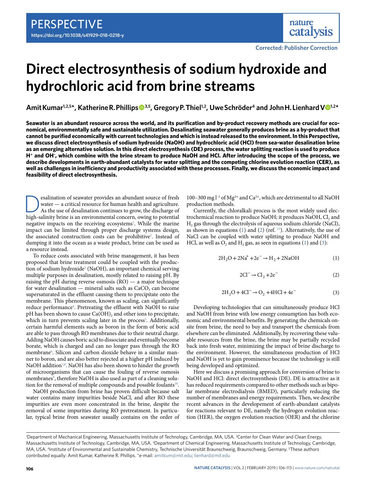 Direct electrosynthesis of sodium hydroxide and hydrochloric acid from brine streams by Amit Kumar & Katherine R. Phillips & Gregory P. Thiel & Uwe Schramp#x000F6;der & John H. Lienhard