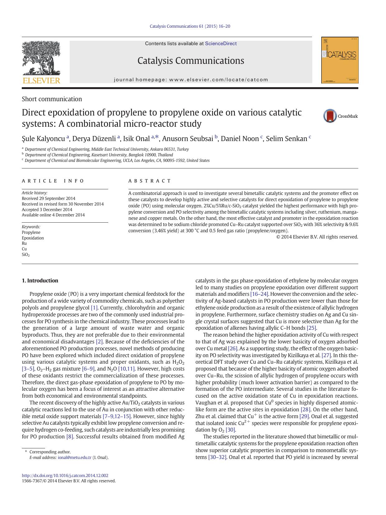 Direct epoxidation of propylene to propylene oxide on various catalytic systems: A combinatorial micro-reactor study by Şule Kalyoncu & Derya Düzenli & Isik Onal & Anusorn Seubsai & Daniel Noon & Selim Senkan
