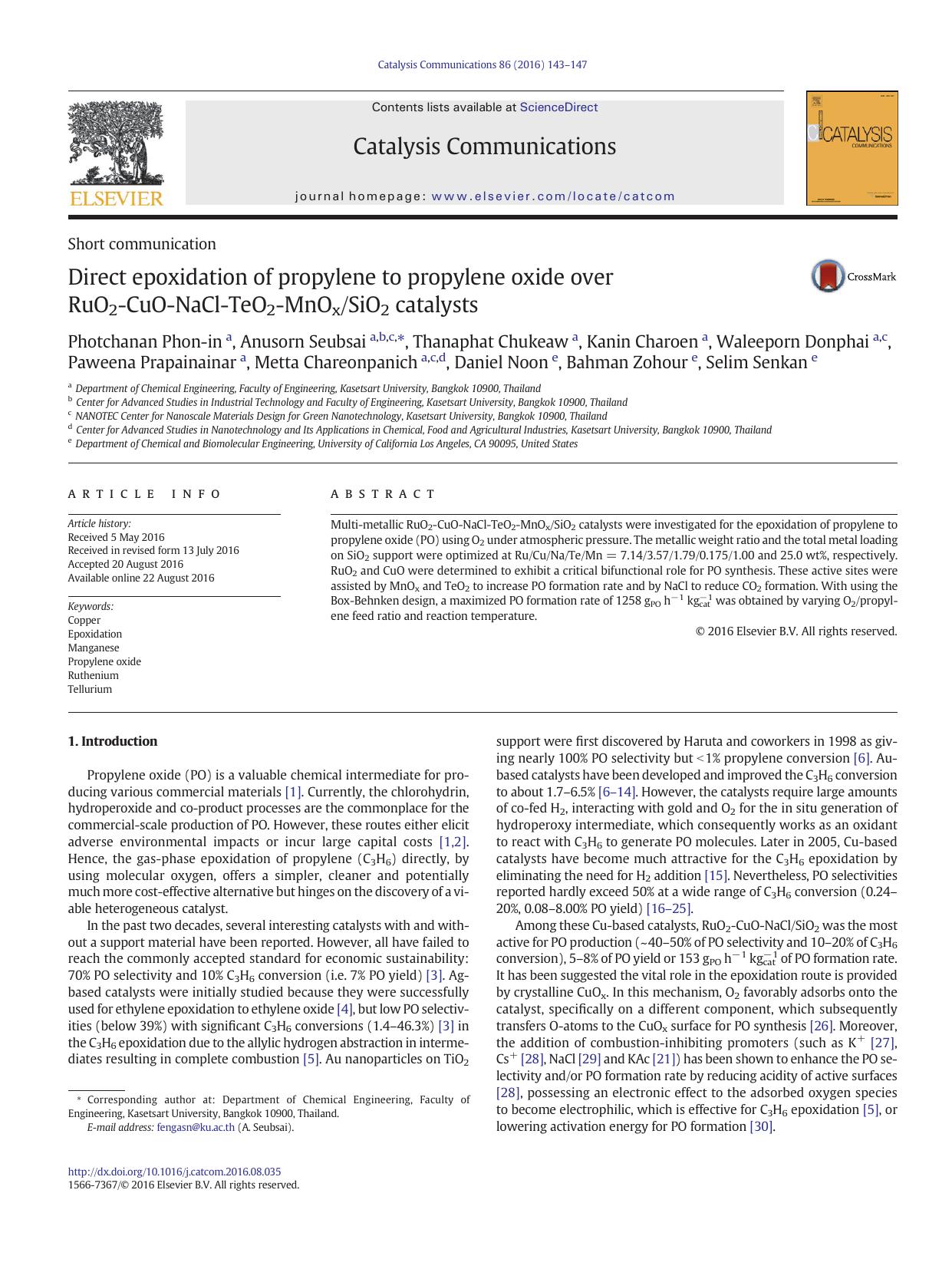 Direct epoxidation of propylene to propylene oxide over RuO2-CuO-NaCl-TeO2-MnOxSiO2 catalysts by unknow