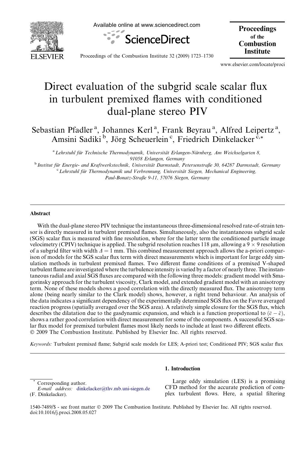 Direct evaluation of the subgrid scale scalar flux in turbulent premixed flames with conditioned dual-plane stereo PIV by unknow