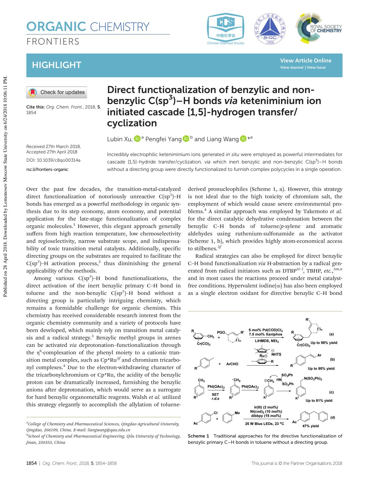 Direct functionalization of benzylic and non-benzylic C(sp3)âH bonds via keteniminium ion initiated cascade [1,5]-hydrogen transfercyclization by Lubin Xu Pengfei Yang Liang Wang