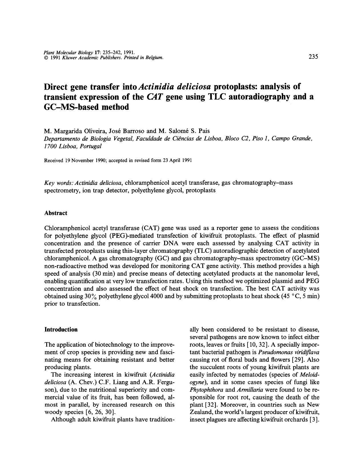 Direct gene transfer into <Emphasis Type="Italic">Actinidia deliciosa <Emphasis> protoplasts: analysis of transient expression of the <Emphasis Type="Italic">CAT <Emphasis> gene by Unknown