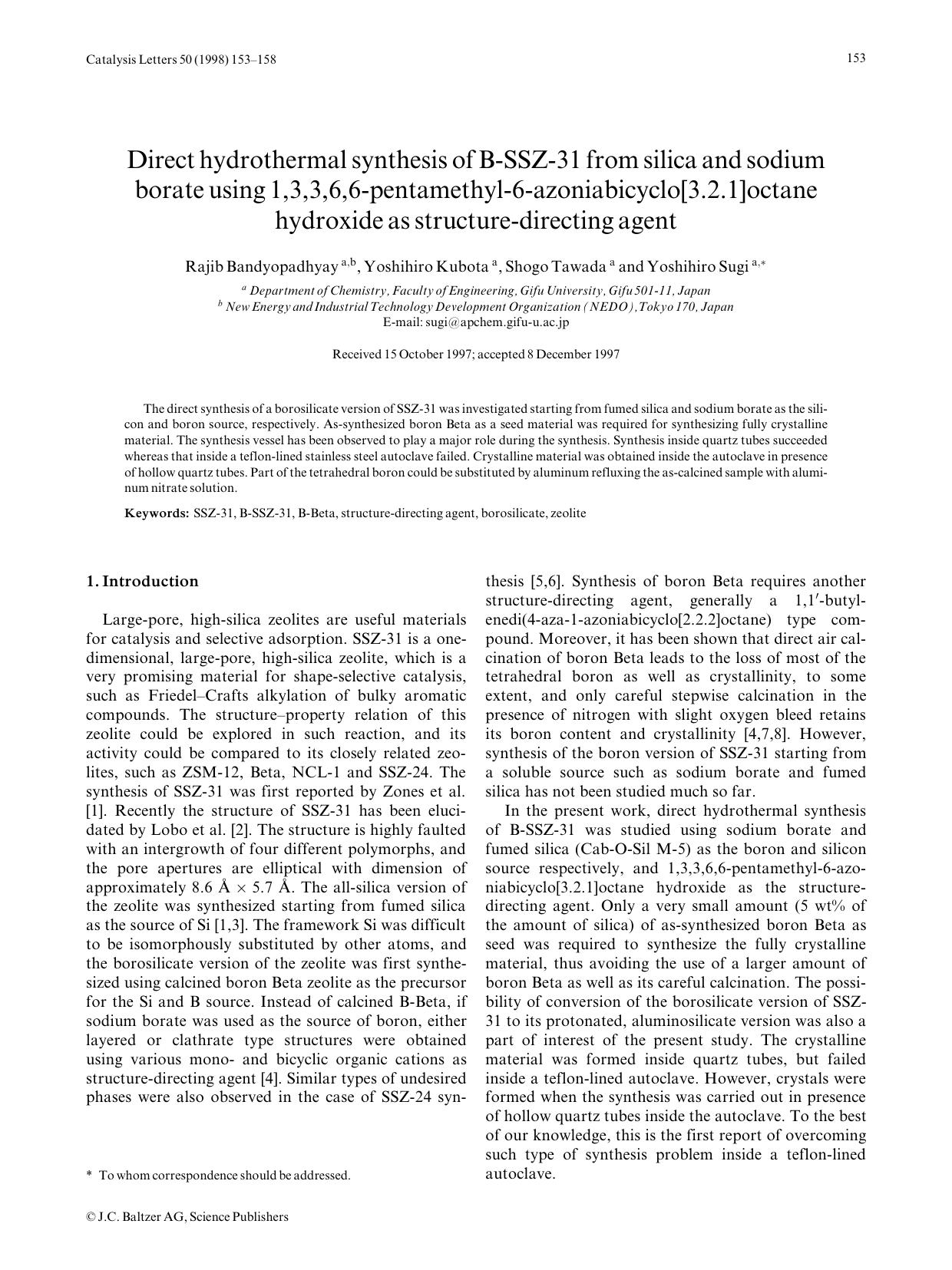 Direct hydrothermal synthesis of B-SSZ-31 from silica and sodium borate using 1,3,3,6,6-pentamethyl-6-azoniabicyclo[3.2.1]octane hydroxide as structure-directing agent by Unknown