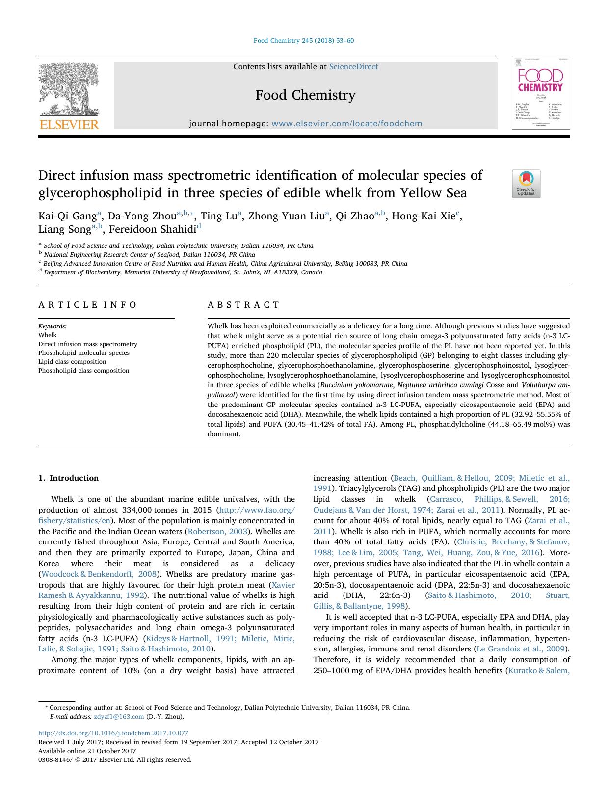 Direct infusion mass spectrometric identification of molecular species of glycerophospholipid in three species of edible whelk from Yellow Sea by unknow