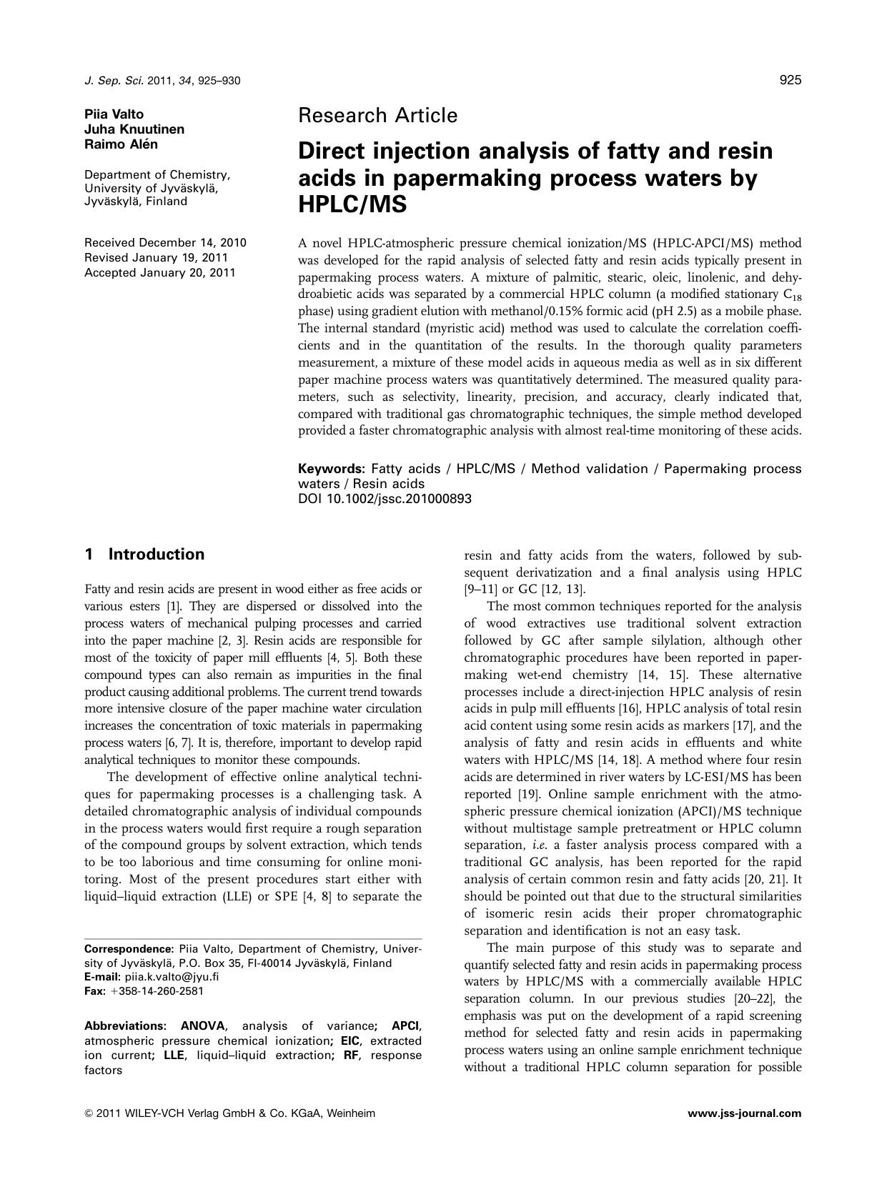 Direct injection analysis of fatty and resin acids in papermaking process waters by HPLCMS by Unknown