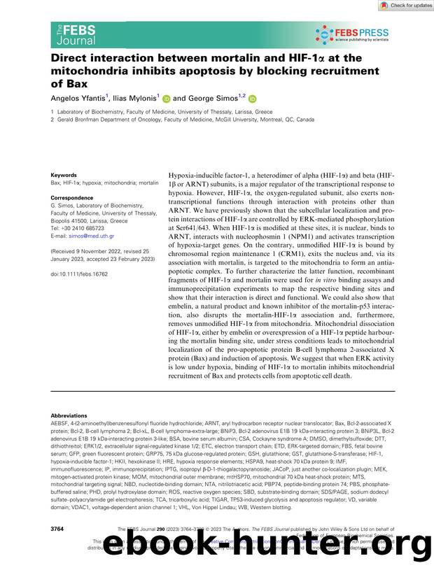 Direct interaction between mortalin and HIFâ1Î± at the mitochondria inhibits apoptosis by blocking recruitment of Bax by Unknown