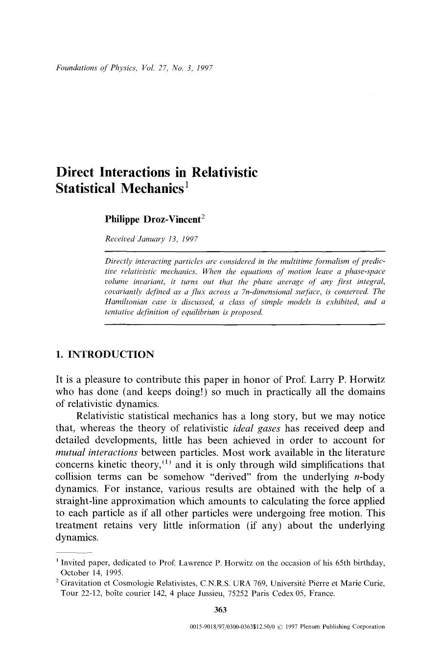 Direct interactions in relativistic statistical mechanics by Unknown