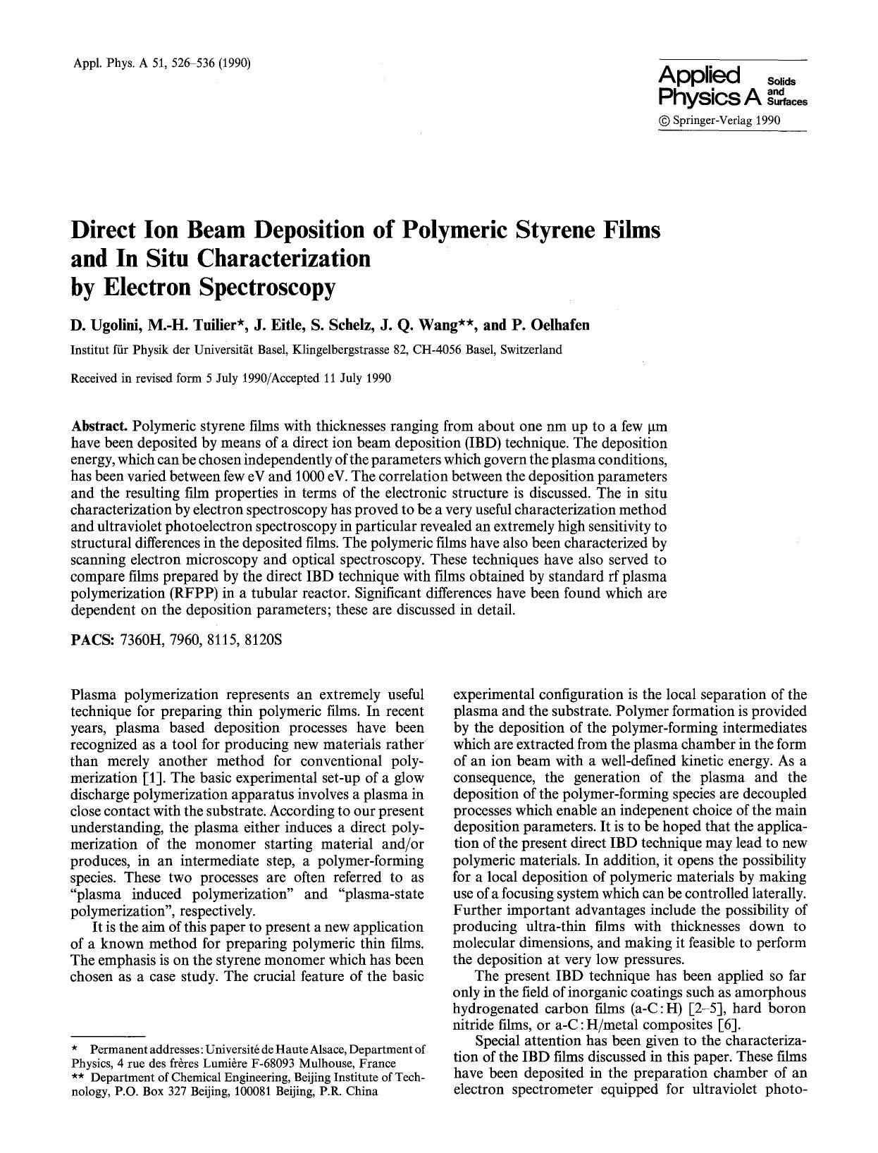 Direct ion beam deposition of polymeric styrene films and in situ characterization by electron spectroscopy by Unknown