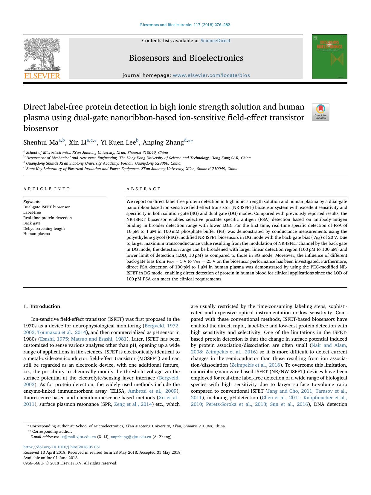 Direct label-free protein detection in high ionic strength solution and human plasma using dual-gate nanoribbon-based ion-sensitive field-effect transistor biosensor by Shenhui Ma & Xin Li & Yi-Kuen Lee & Anping Zhang