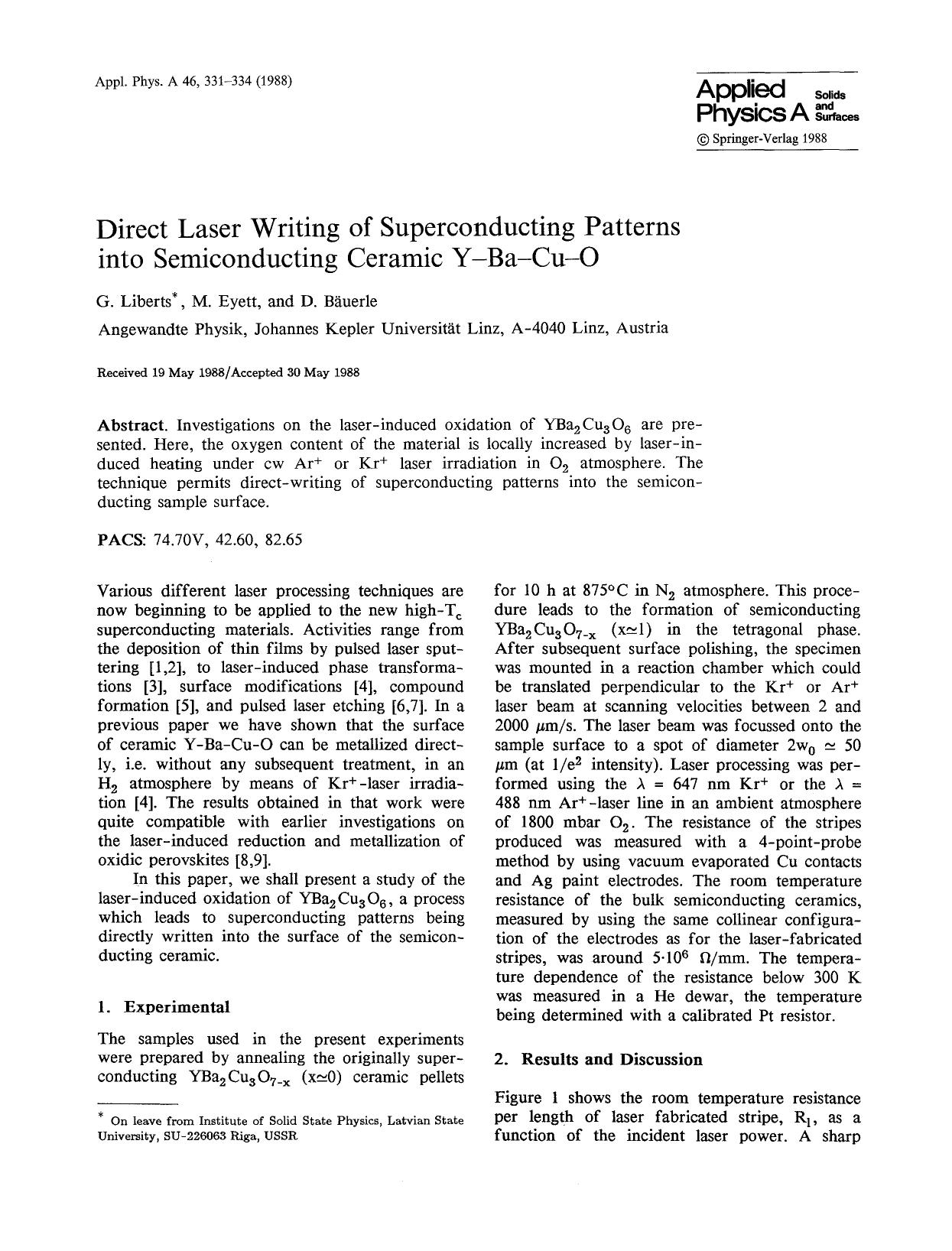 Direct laser writing of superconducting patterns into semiconducting ceramic Y-Ba-Cu-O by Unknown