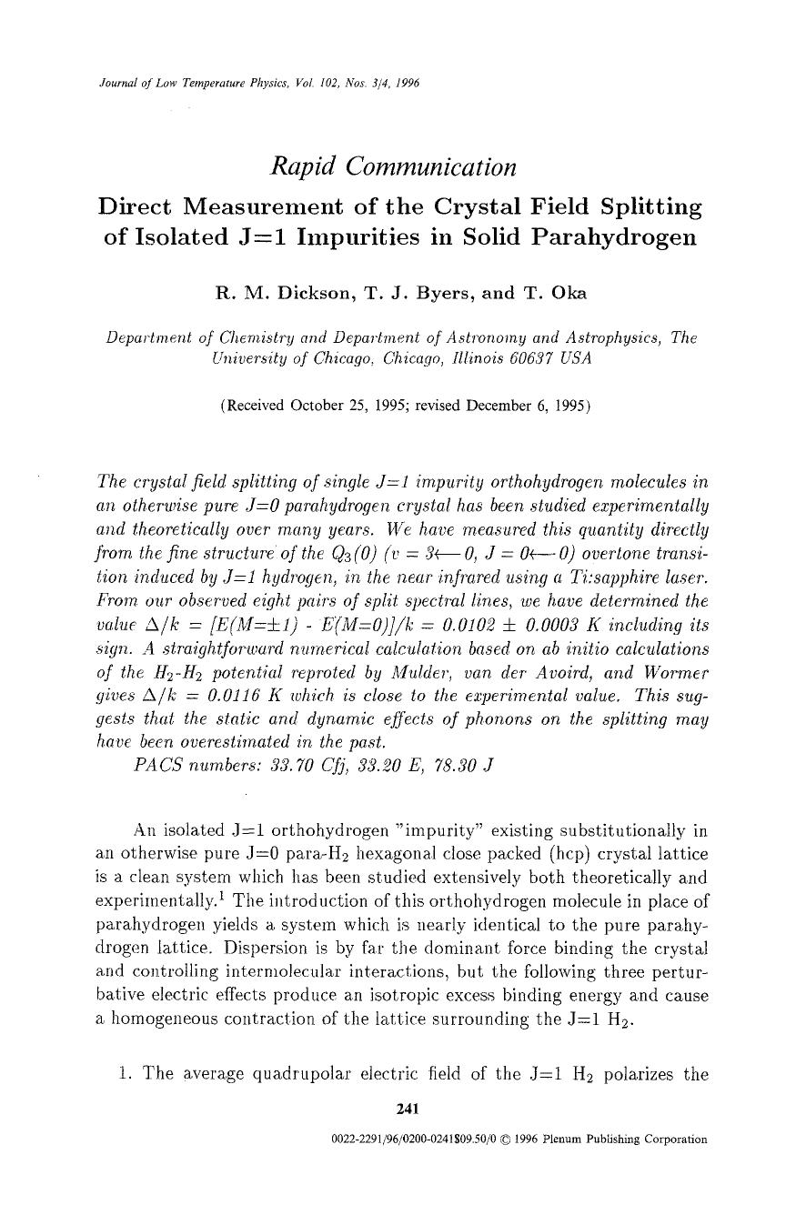 Direct measurement of the crystal field splitting of isolated J=1 impurities in solid parahydrogen by Unknown
