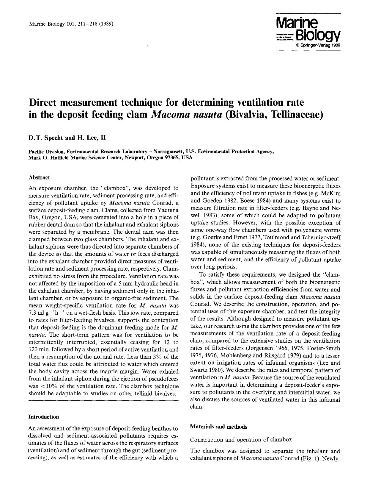 Direct measurement technique for determining ventilation rate in the deposit feeding clam <Emphasis Type="Italic">Macoma nasuta<Emphasis> (Bivalvia, Tellinaceae) by Unknown