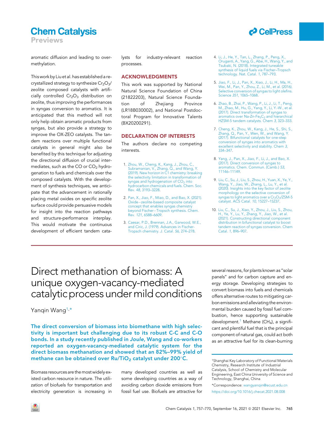 Direct methanation of biomass: A unique oxygen-vacancy-mediated catalytic process under mild conditions by Yanqin Wang