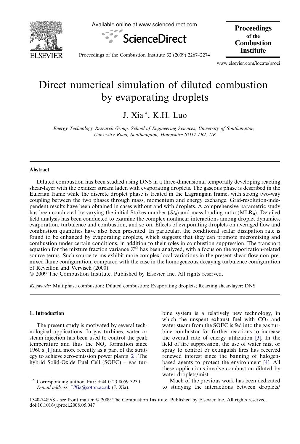 Direct numerical simulation of diluted combustion by evaporating droplets by J. Xia; K.H. Luo