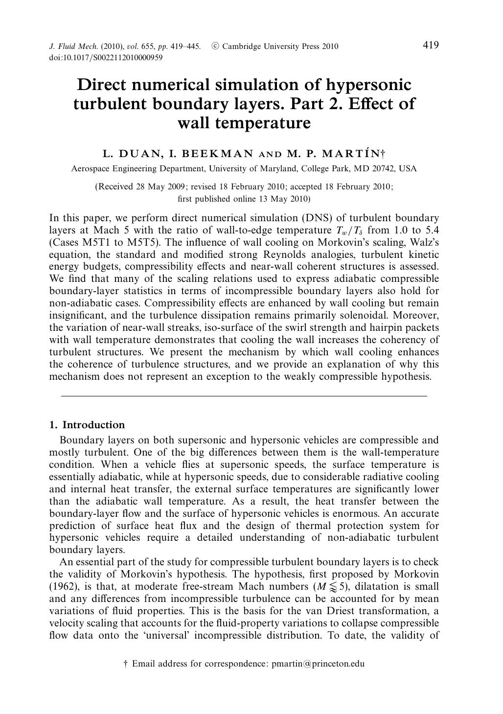 Direct numerical simulation of hypersonic turbulent boundary layers. Part 2. Effect of wall temperature by L. DUAN I. BEEKMAN M. P. MARTÍN