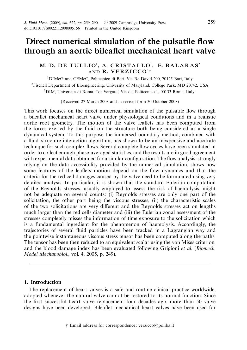 Direct numerical simulation of the pulsatile flow through an aortic bileaflet mechanical heart valve by M. D. DE TULLIO A. CRISTALLO E. BALARAS R. VERZICCO