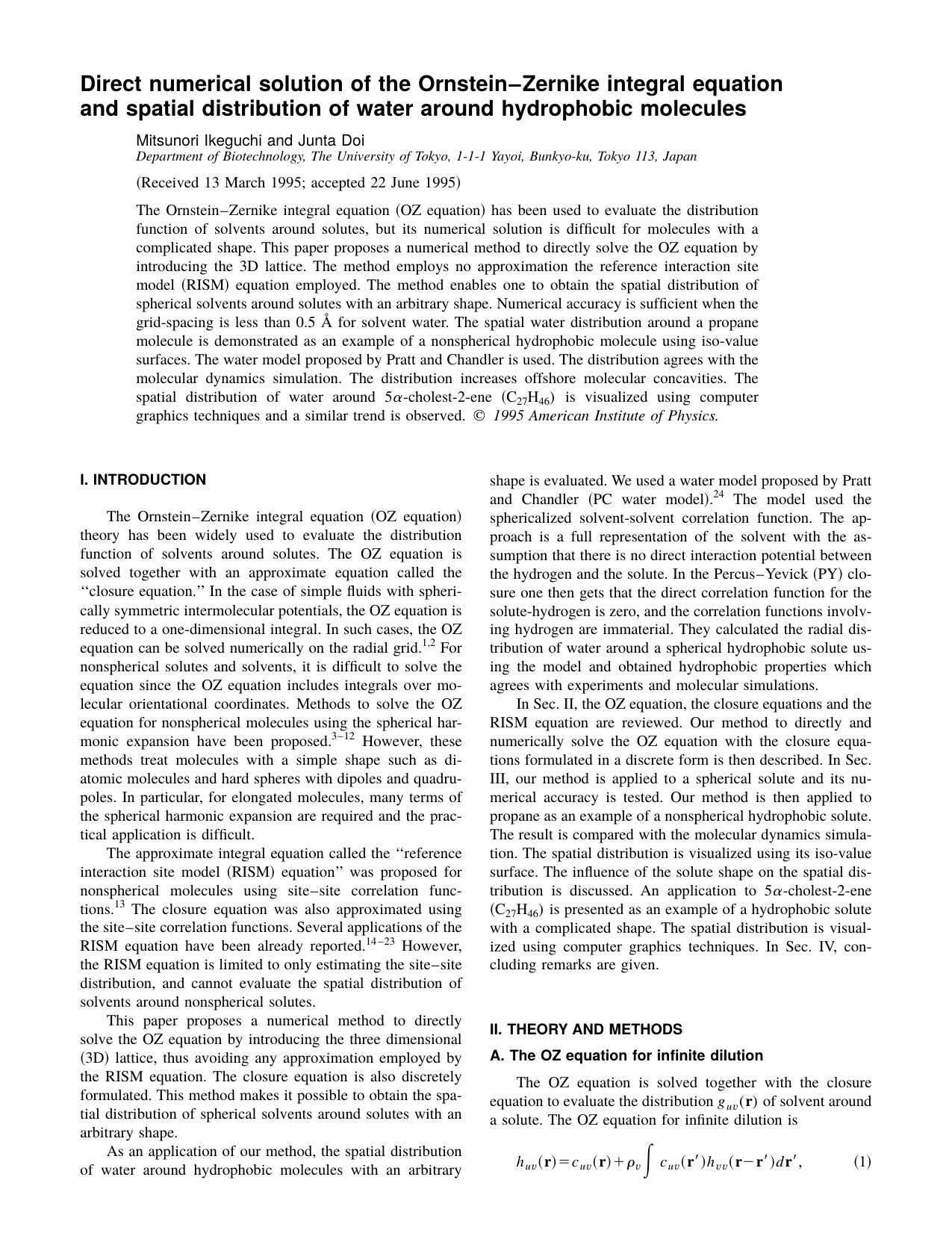 Direct numerical solution of the Ornstein-Zernike integral equation and spatial distribution of water around hydrophobic molecules by Mitsunori Ikeguchi and Junta Doi