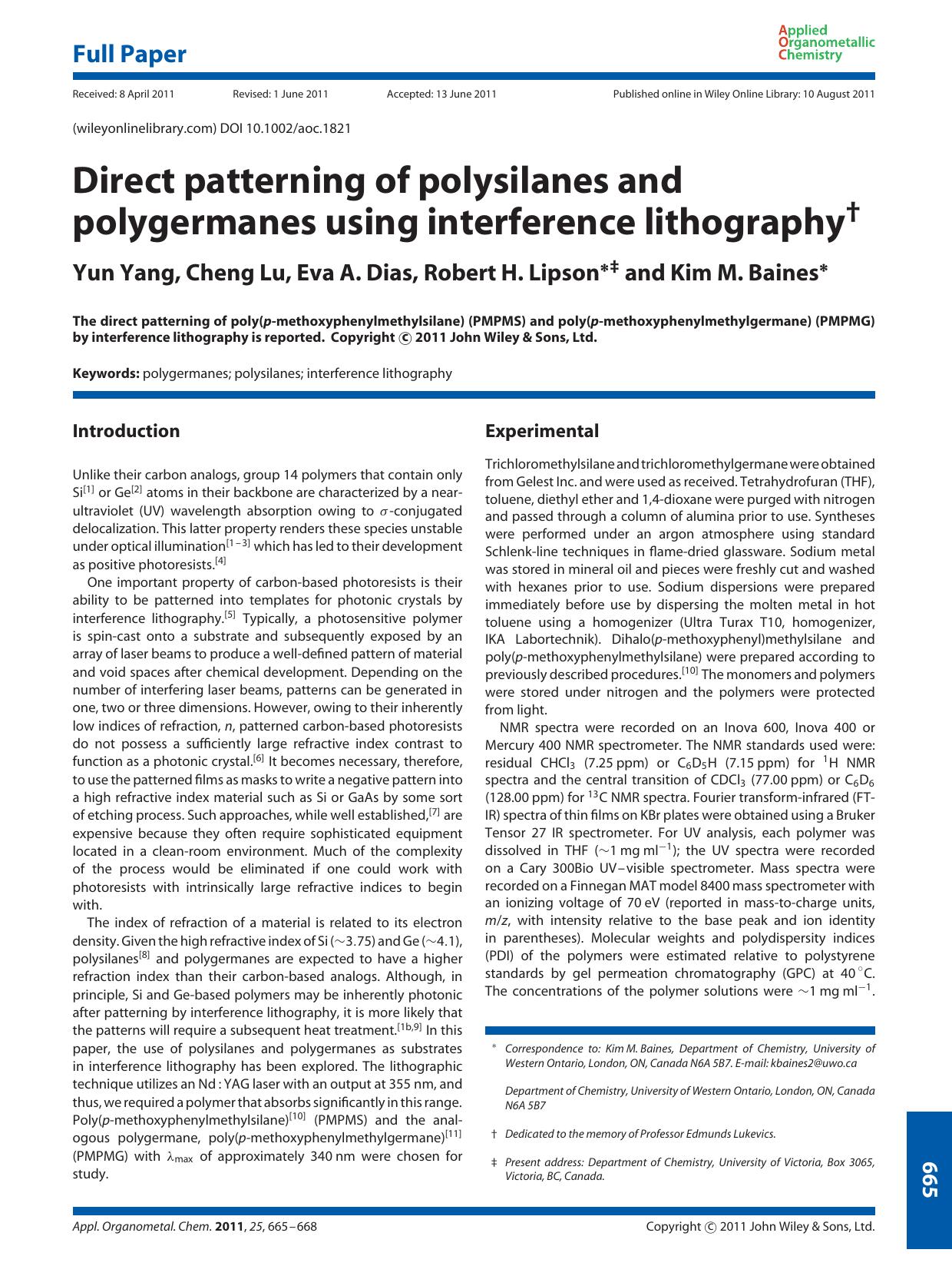 Direct patterning of polysilanes and polygermanes using interference lithography by Unknown