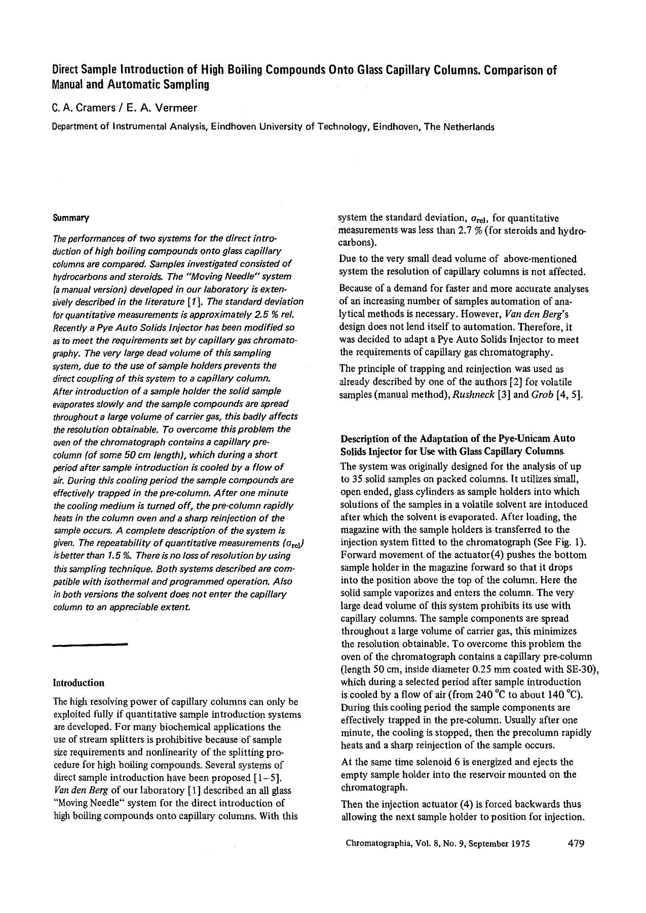 Direct sample introduction of high boiling compounds onto glass capillary columns. Comparison of manual and automatic sampling by Unknown