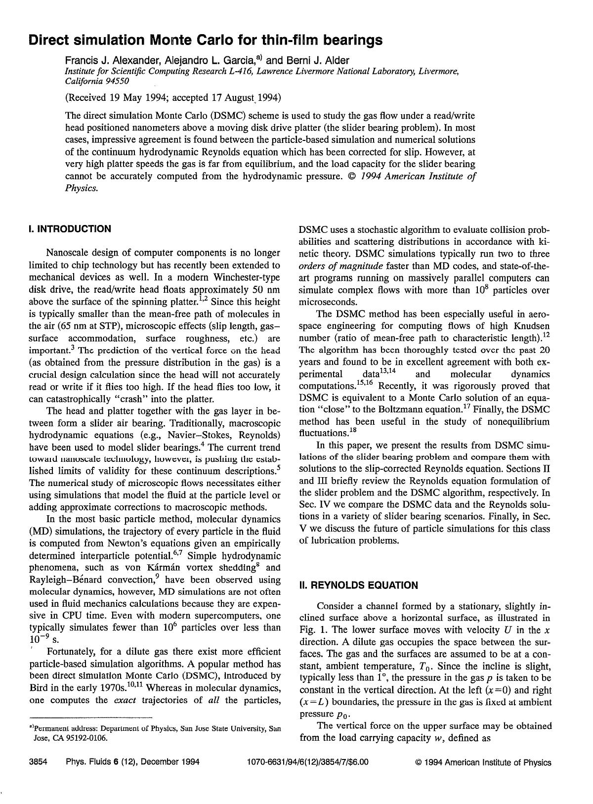 Direct simulation Monte Carlo for thin-film bearings by Francis J. Alexander; Alejandro L. Garcia; Berni J. Alder