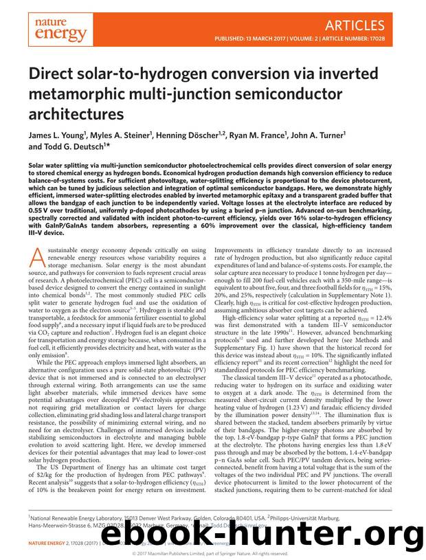 Direct solar-to-hydrogen conversion via inverted metamorphic multi-junction semiconductor architectures by James L. Young; Myles A. Steiner; Henning Döscher; Ryan M. France; John A. Turner; Todd G. Deutsch