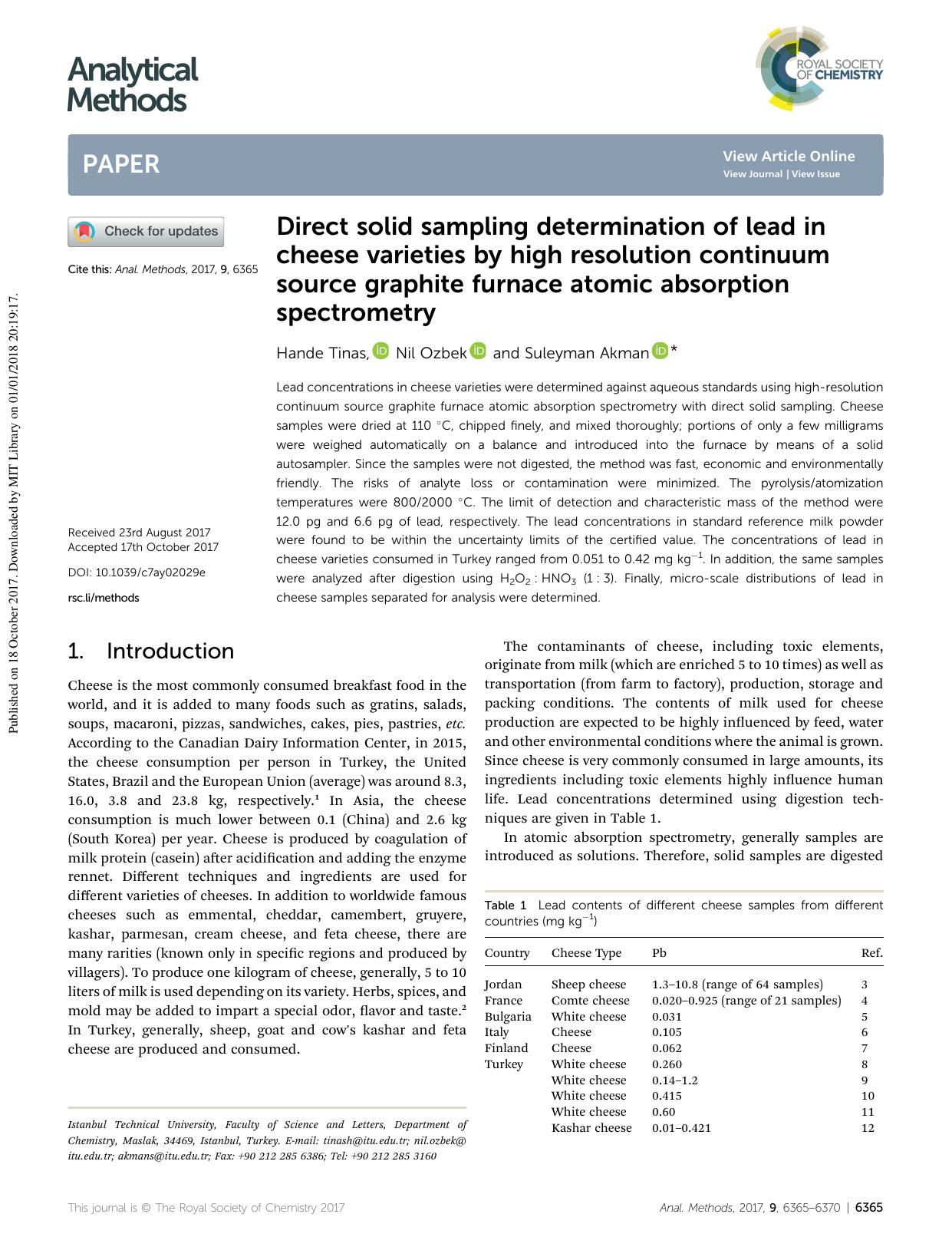 Direct solid sampling determination of lead in cheese varieties by high resolution continuum source graphite furnace atomic absorption spectrometry by Hande Tinas & Nil Ozbek & Suleyman Akman
