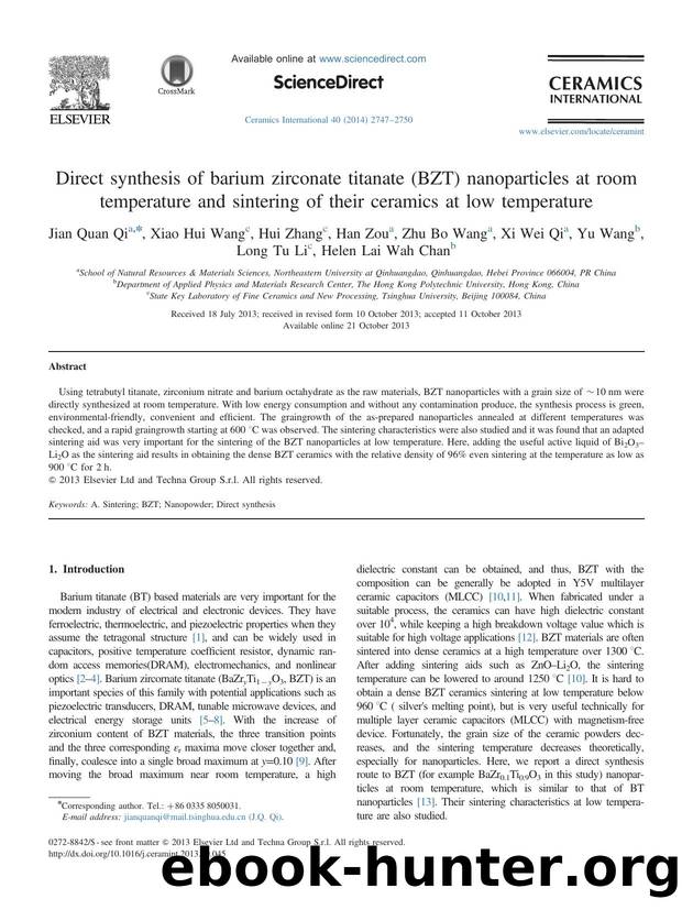 Direct synthesis of barium zirconate titanate (BZT) nanoparticles at room temperature and sintering of their ceramics at low temperature by unknow