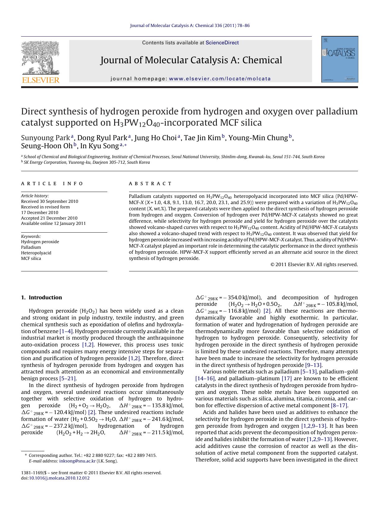 Direct synthesis of hydrogen peroxide from hydrogen and oxygen over palladium catalyst supported on H3PW12O40-incorporated MCF silica by Sunyoung Park