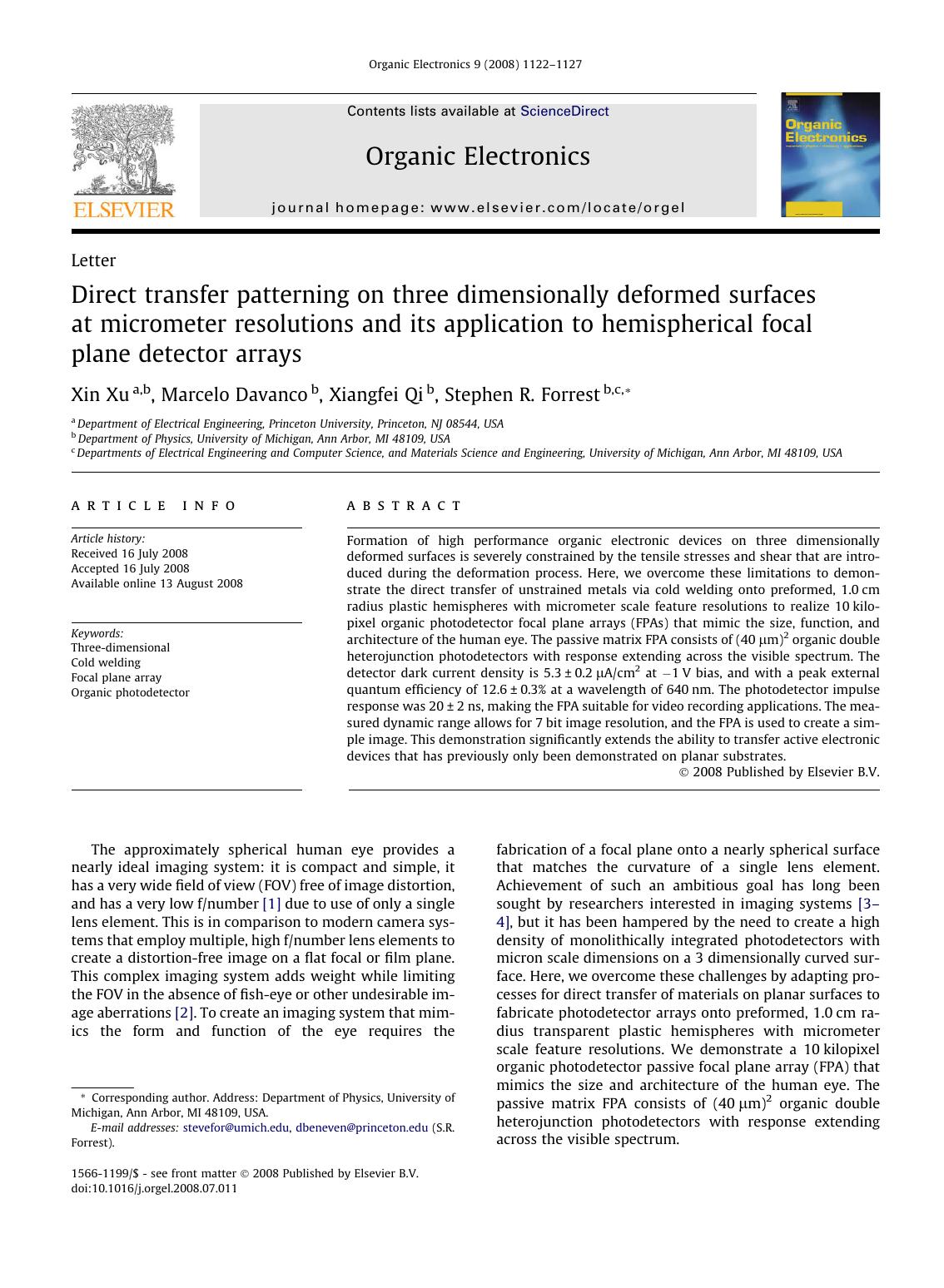 Direct transfer patterning on three dimensionally deformed surfaces at micrometer resolutions and its application to hemispherical focal plane detector arrays by Xin Xu; Marcelo Davanco; Xiangfei Qi; Stephen R. Forrest