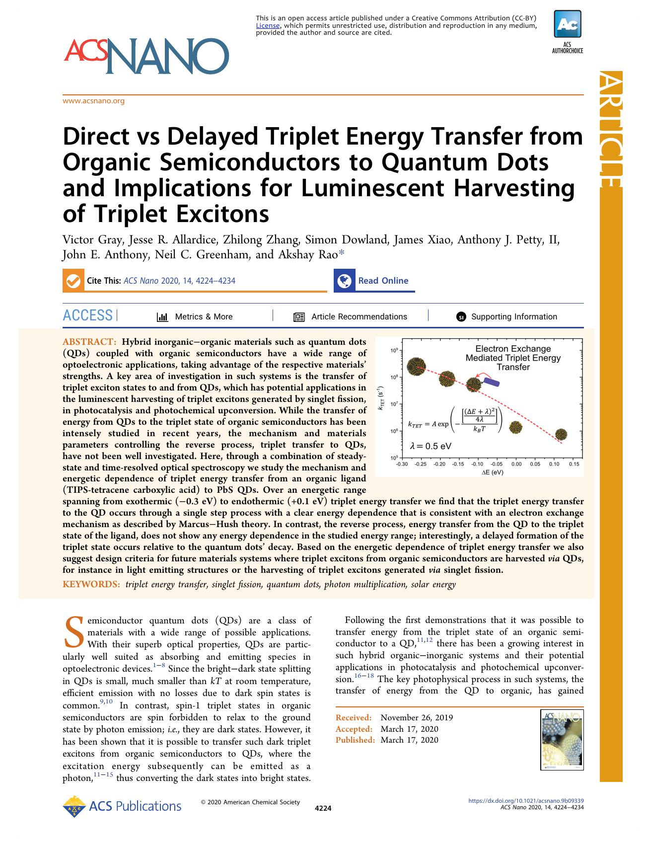 Direct vs Delayed Triplet Energy Transfer from Organic Semiconductors to Quantum Dots and Implications for Luminescent Harvesting of Triplet Excitons by unknow