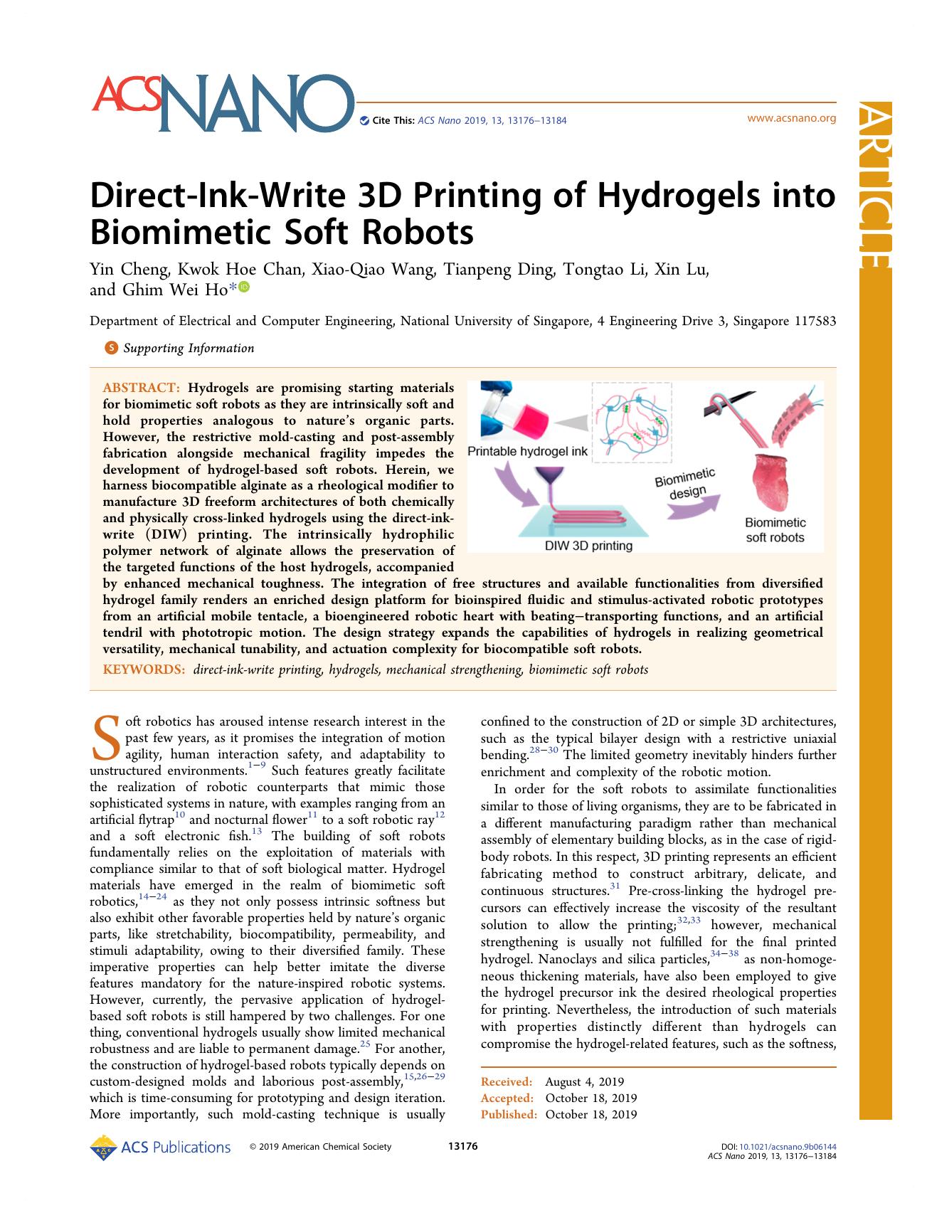 Direct-Ink-Write 3D Printing of Hydrogels into Biomimetic Soft Robots by Yin Cheng Kwok Hoe Chan Xiao-Qiao Wang Tianpeng Ding Tongtao Li Xin Lu and Ghim Wei Ho