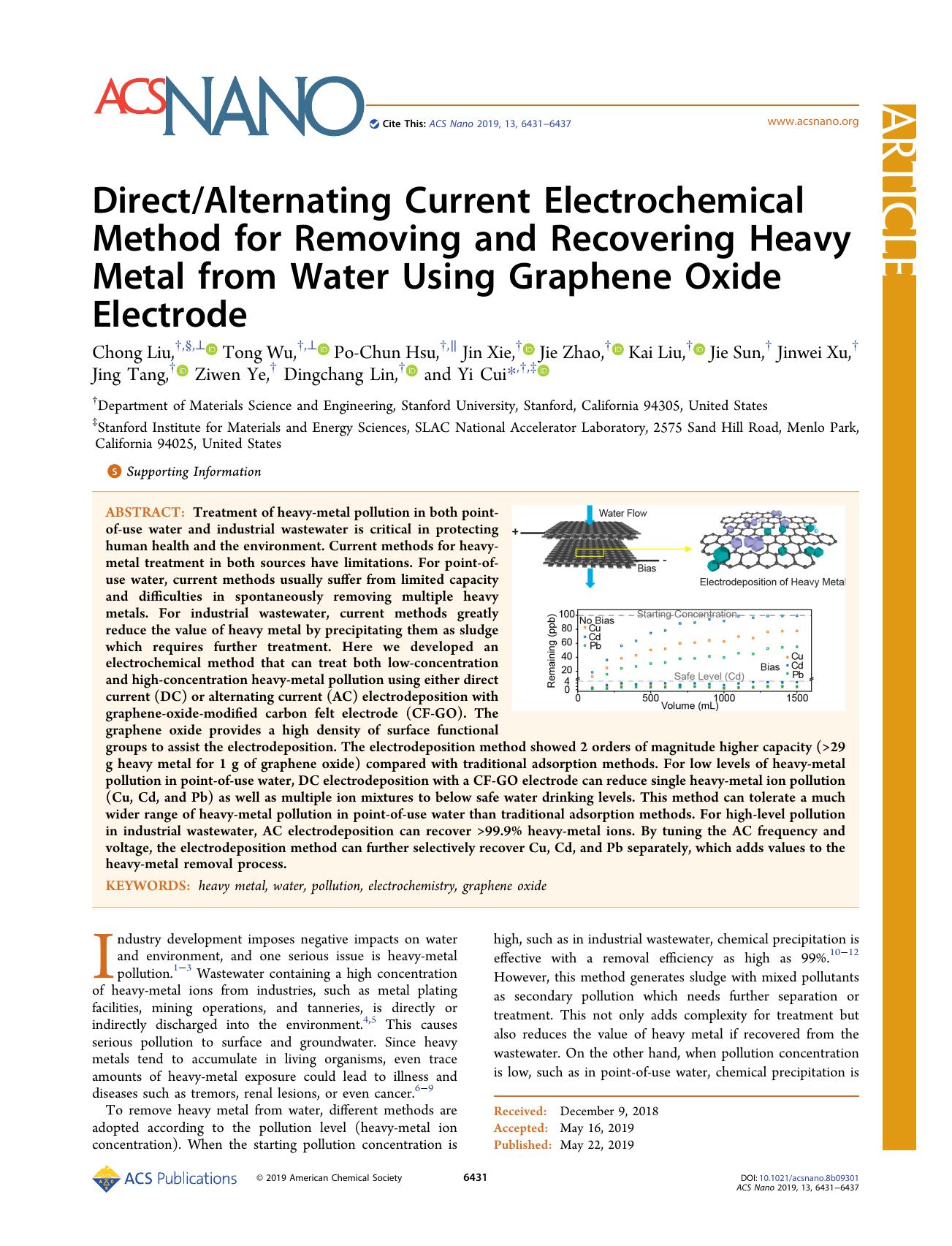 DirectAlternating Current Electrochemical Method for Removing and Recovering Heavy Metal from Water Using Graphene Oxide Electrode by unknow