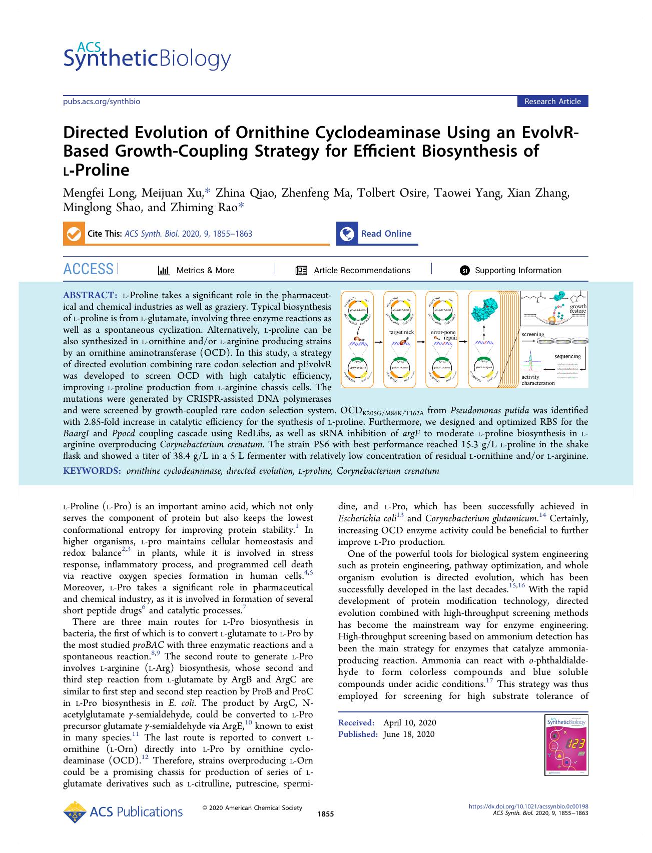 Directed Evolution of Ornithine Cyclodeaminase Using an EvolvR-Based Growth-Coupling Strategy for Efficient Biosynthesis of l-Proline by unknow