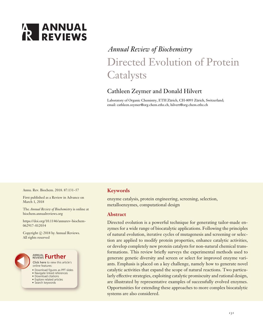 Directed Evolution of Protein Catalysts by Cathleen Zeymer and Donald Hilvert