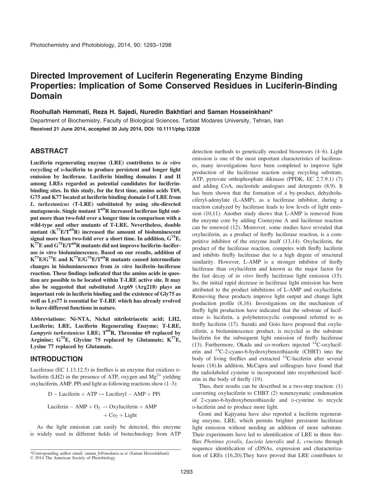 Directed Improvement of Luciferin Regenerating Enzyme Binding Properties: Implication of Some Conserved Residues in LuciferinBinding Domain by Unknown