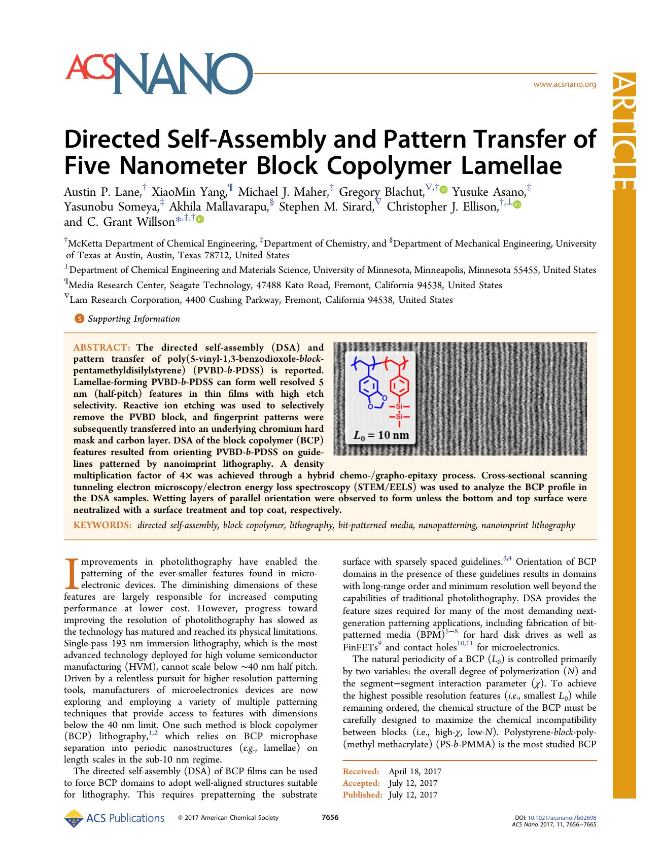 Directed Self-Assembly and Pattern Transfer of Five Nanometer Block Copolymer Lamellae by unknow