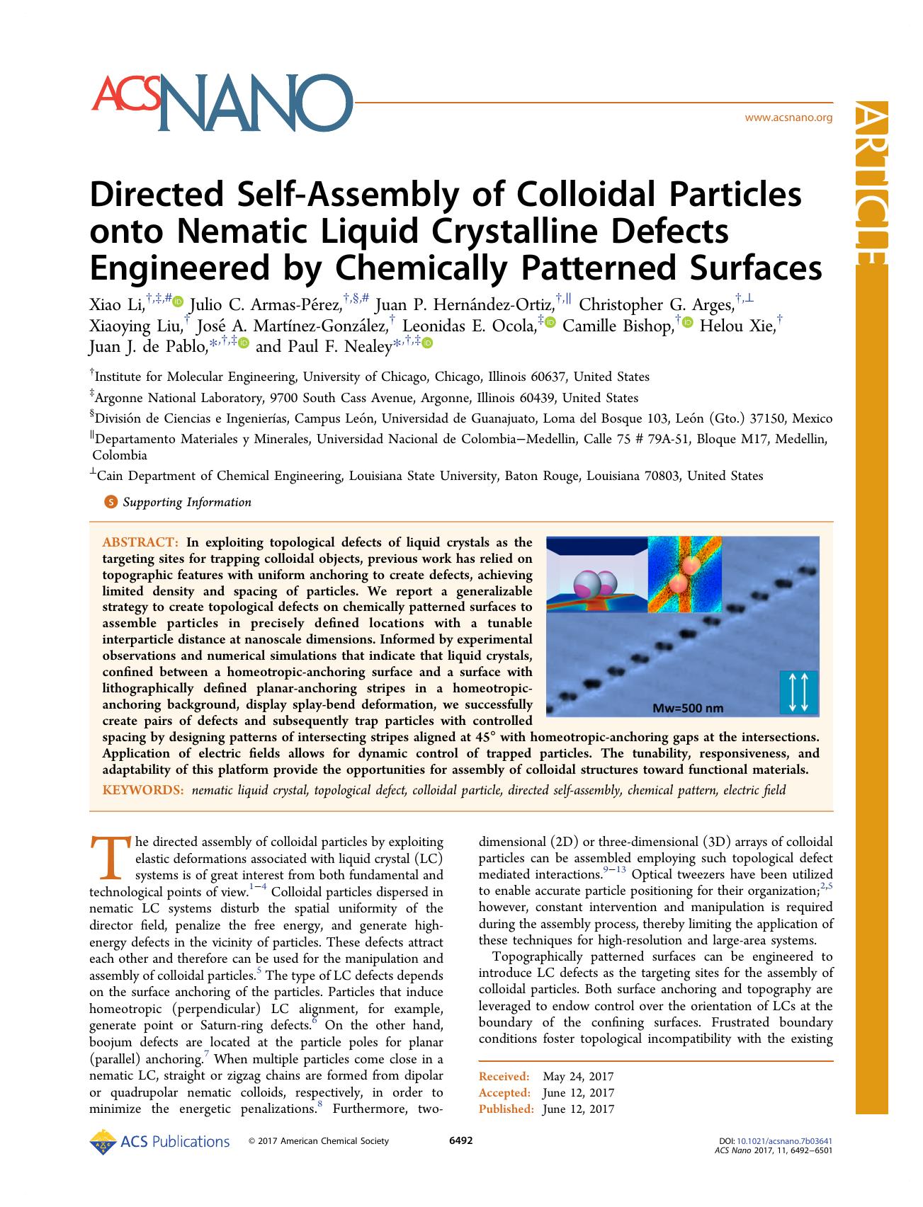 Directed Self-Assembly of Colloidal Particles onto Nematic Liquid Crystalline Defects Engineered by Chemically Patterned Surfaces by unknow