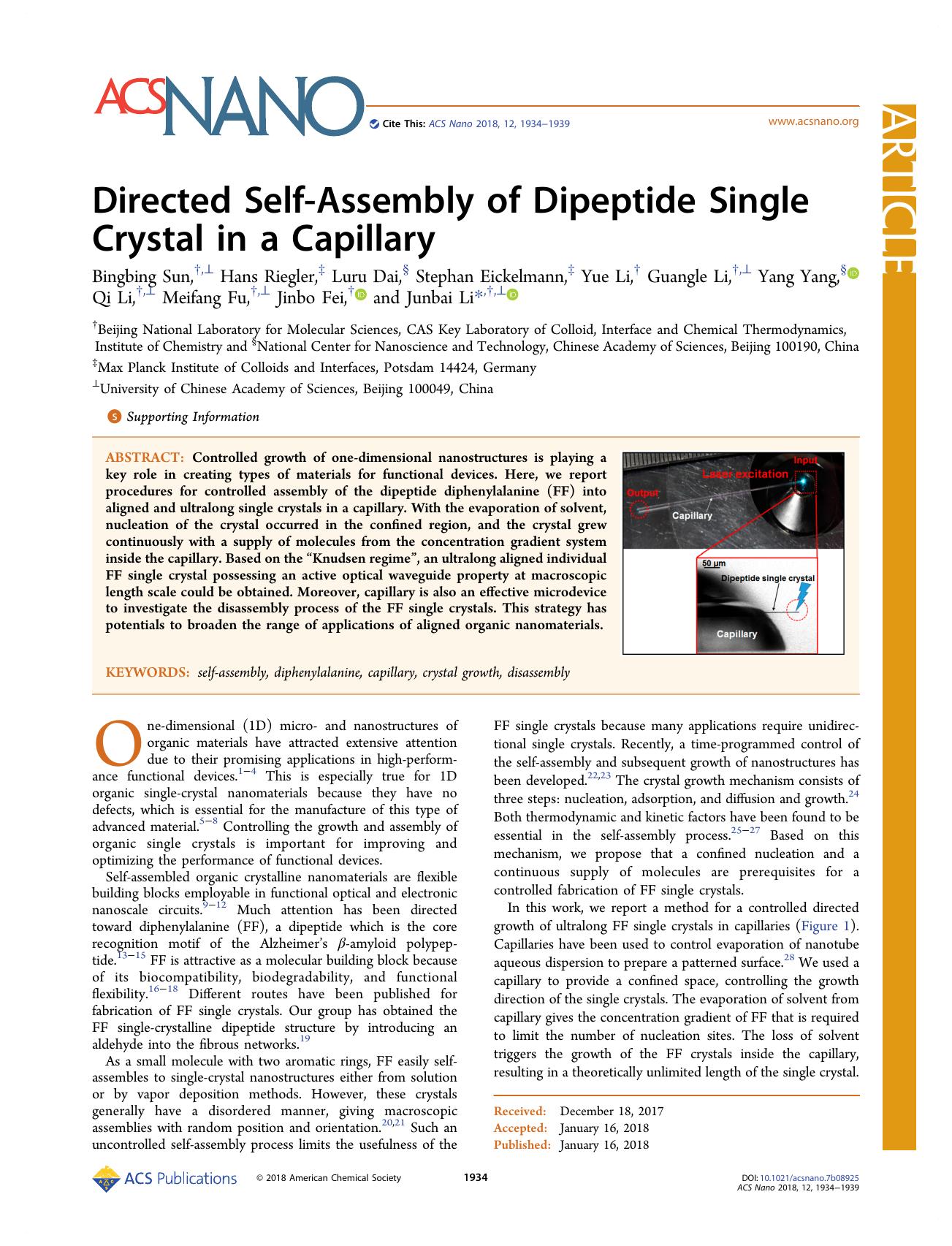 Directed Self-Assembly of Dipeptide Single Crystal in a Capillary by unknow