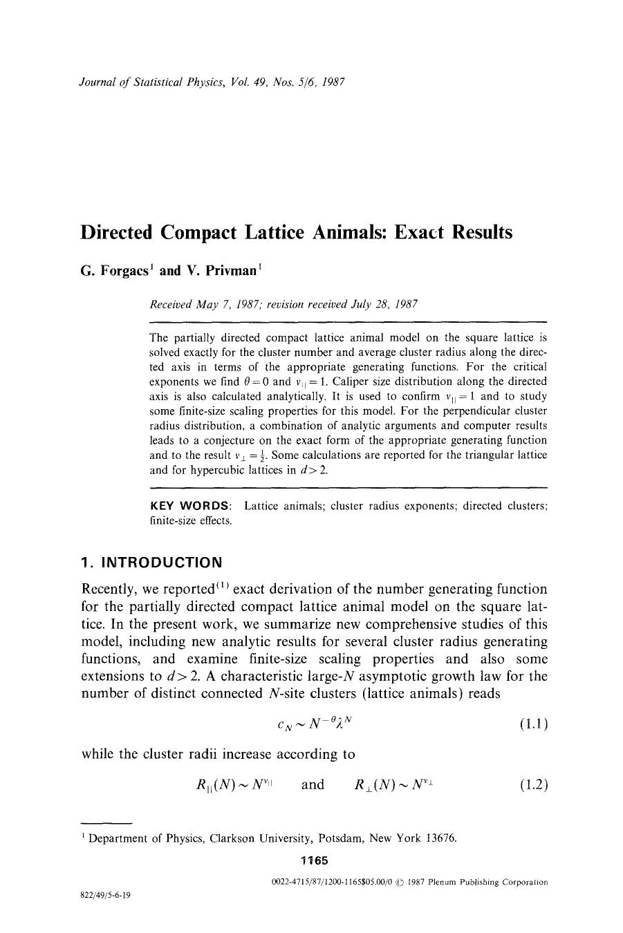 Directed compact lattice animals: Exact results by Unknown