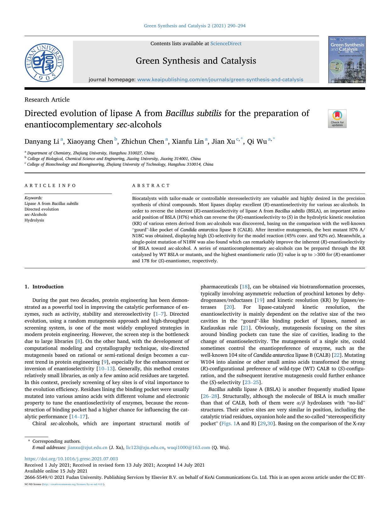 Directed evolution of lipase A from Bacillus subtilis for the preparation of enantiocomplementary sec-alcohols by Danyang Li & Xiaoyang Chen & Zhichun Chen & Xianfu Lin & Jian Xu & Qi Wu
