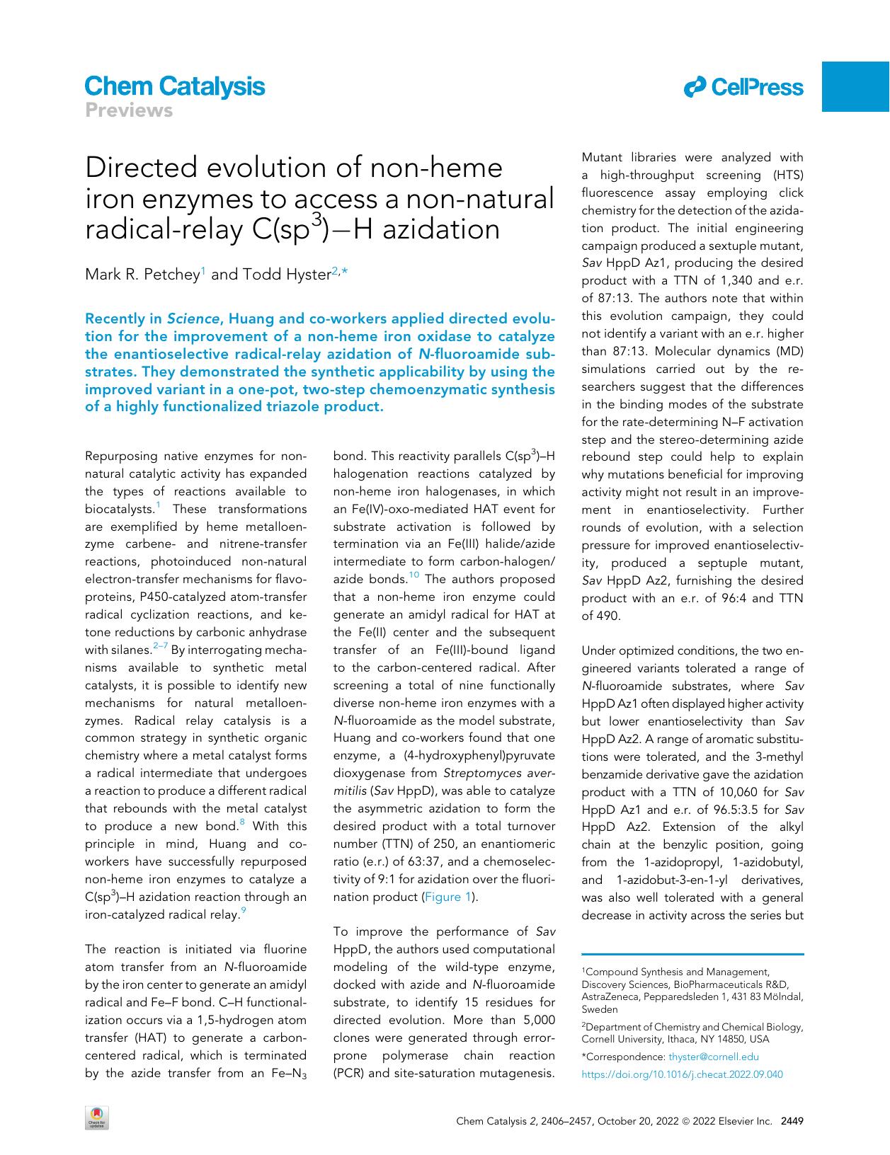 Directed evolution of non-heme iron enzymes to access a non-natural radical-relay C(sp3)-H azidation by Mark R. Petchey & Todd Hyster