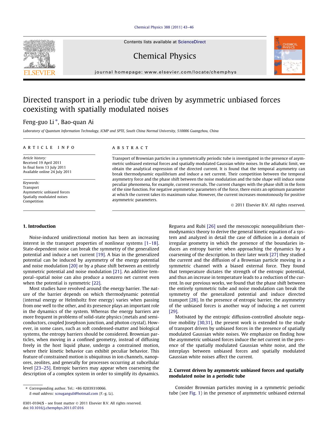 Directed transport in a periodic tube driven by asymmetric unbiased forces coexisting with spatially modulated noises by Feng-guo Li & Bao-quan Ai