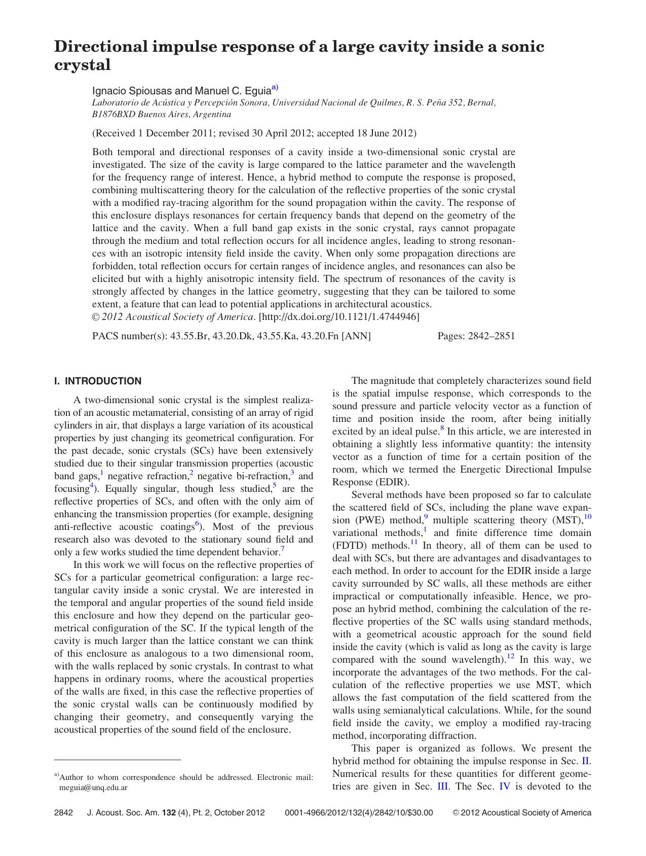 Directional impulse response of a large cavity inside a sonic crystal by Ignacio Spiousas and Manuel C. Eguiaa)