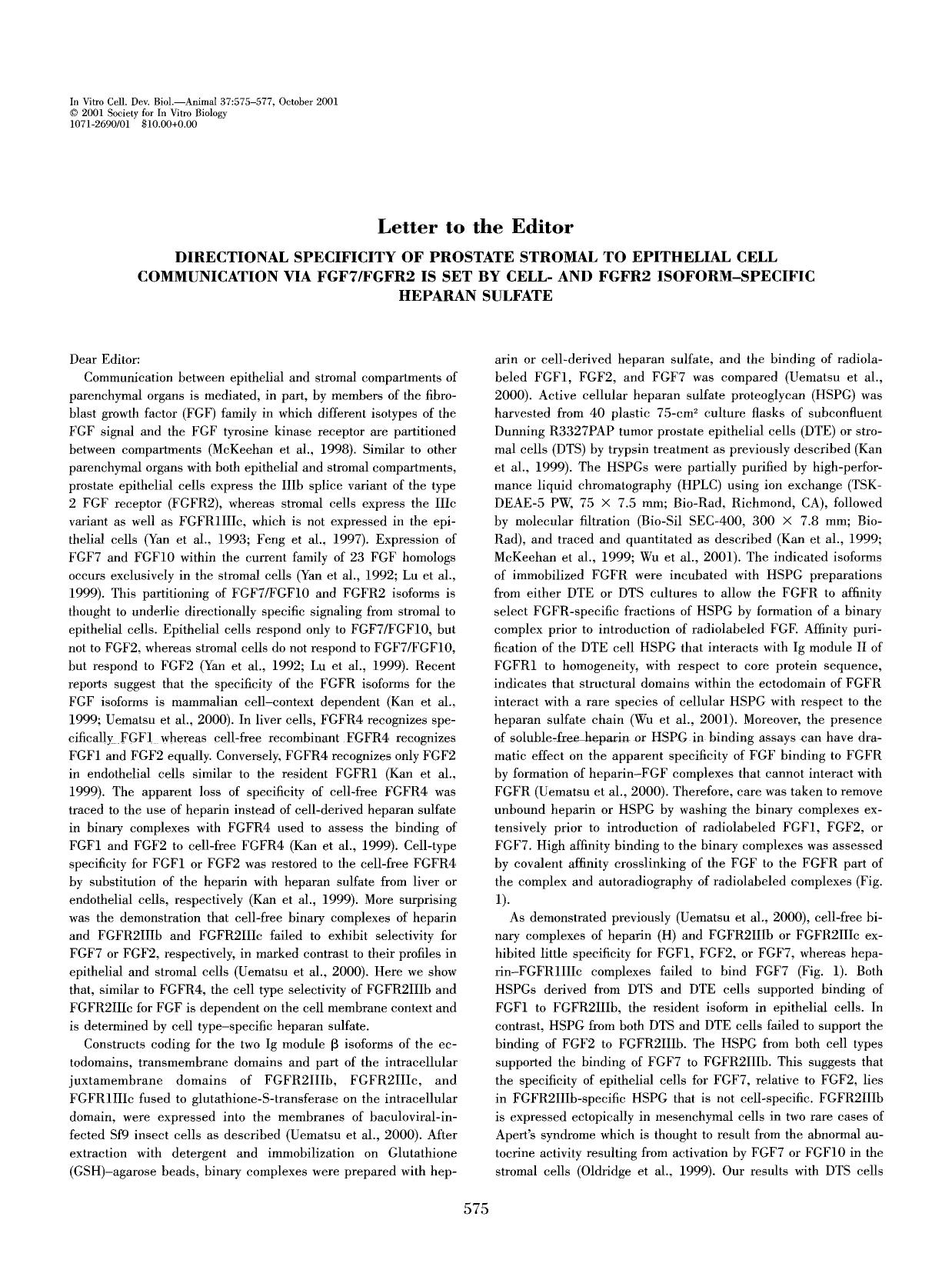 Directional specificity of prostate stromal to epithelial cell communication via FGF7FGFR2 is set by cell- and FGFR2 isoform-specific heparan sulfate by Unknown