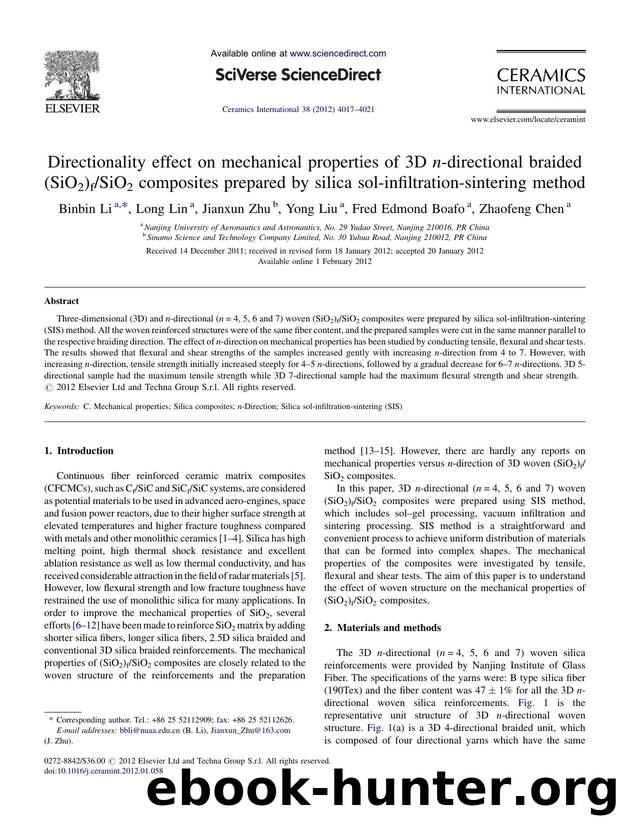 Directionality effect on mechanical properties of 3D n-directional braided (SiO2)fSiO2 composites prepared by silica sol-infiltration-sintering method by Binbin Li