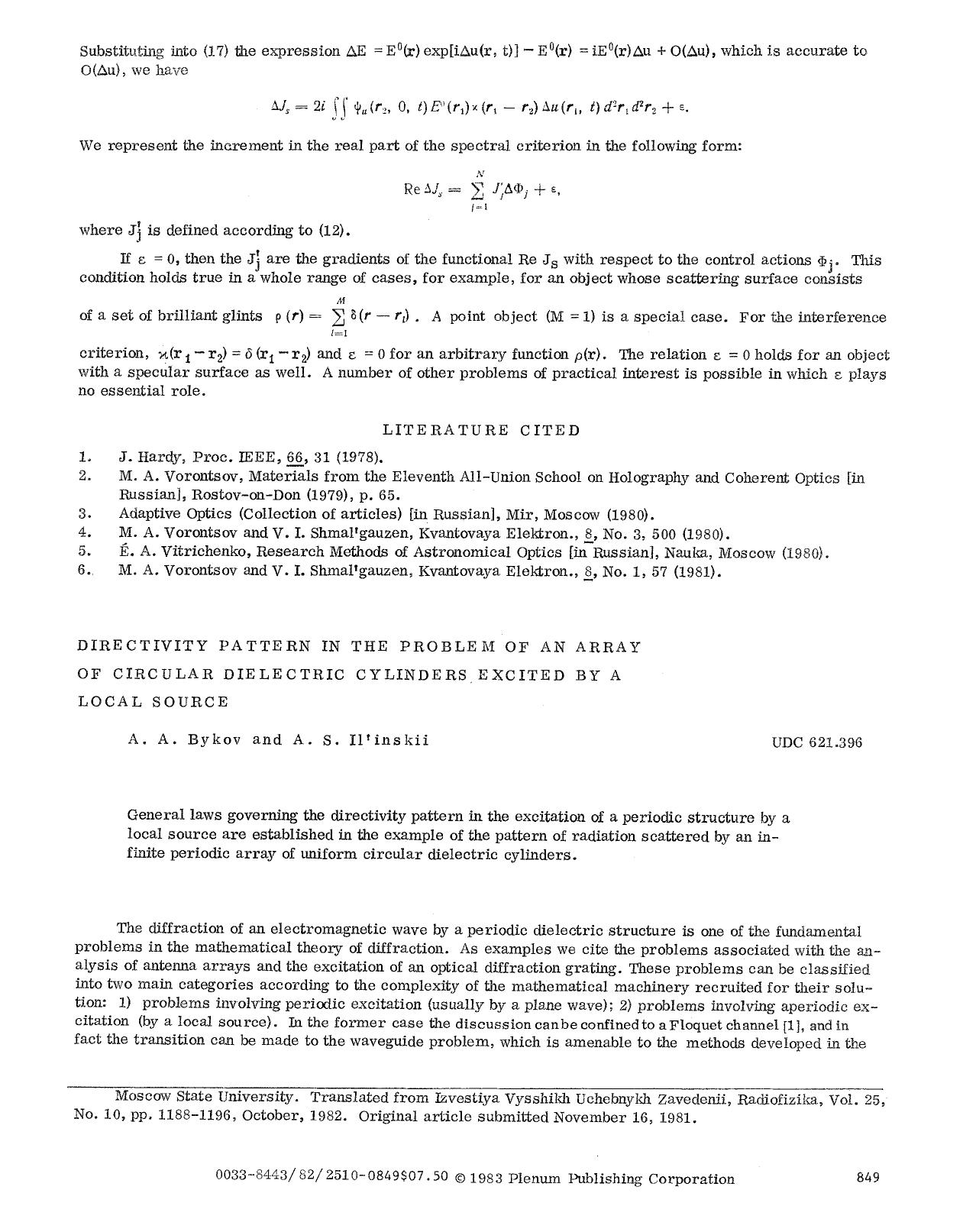 Directivity pattern in the problem of an array of circular dielectric cylinders excited by a local source by Unknown