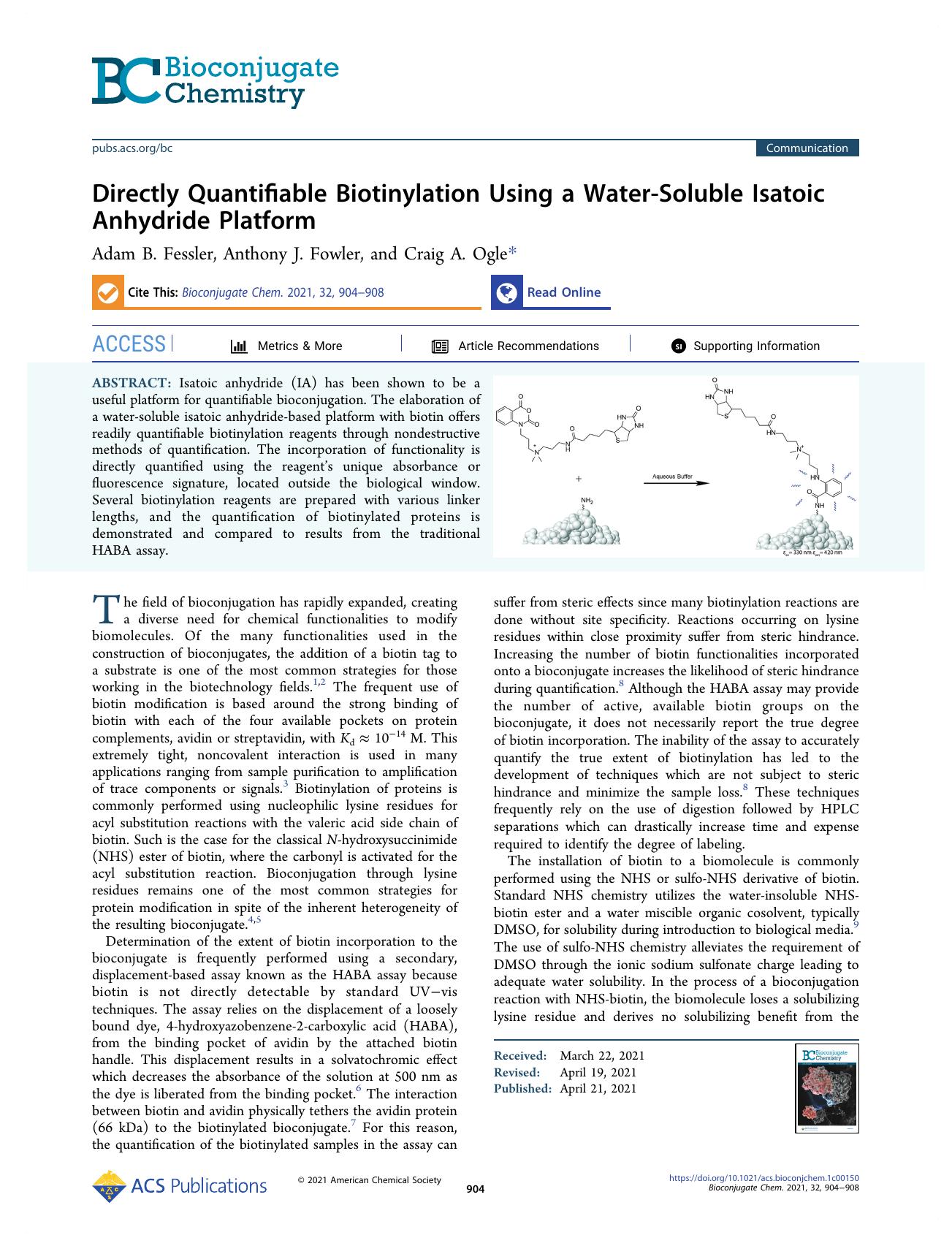 Directly Quantifiable Biotinylation Using a Water-Soluble Isatoic Anhydride Platform by Adam B. Fessler Anthony J. Fowler and Craig A. Ogle