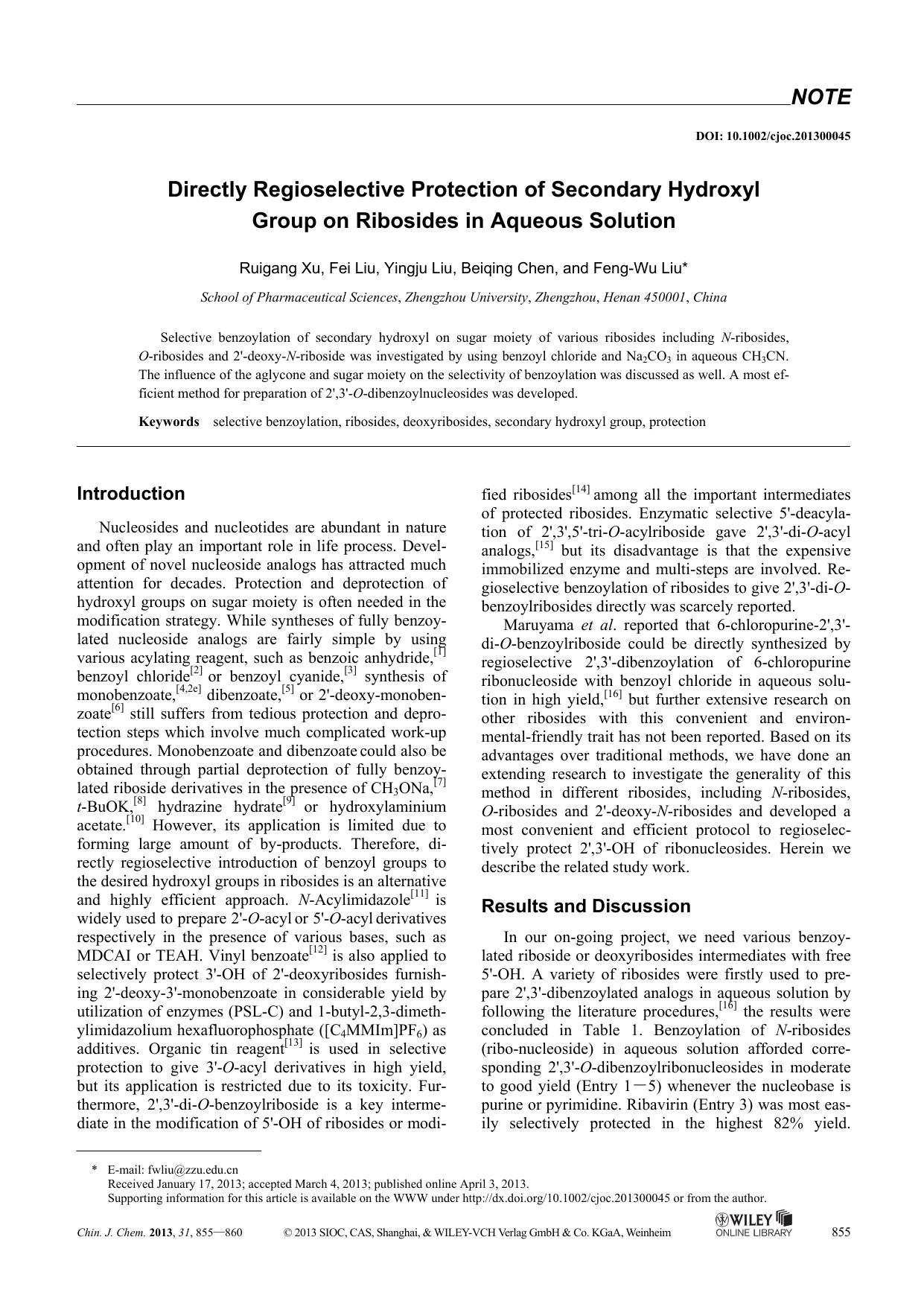 Directly Regioselective Protection of Secondary Hydroxyl Group on Ribosides in Aqueous Solution by Administrator