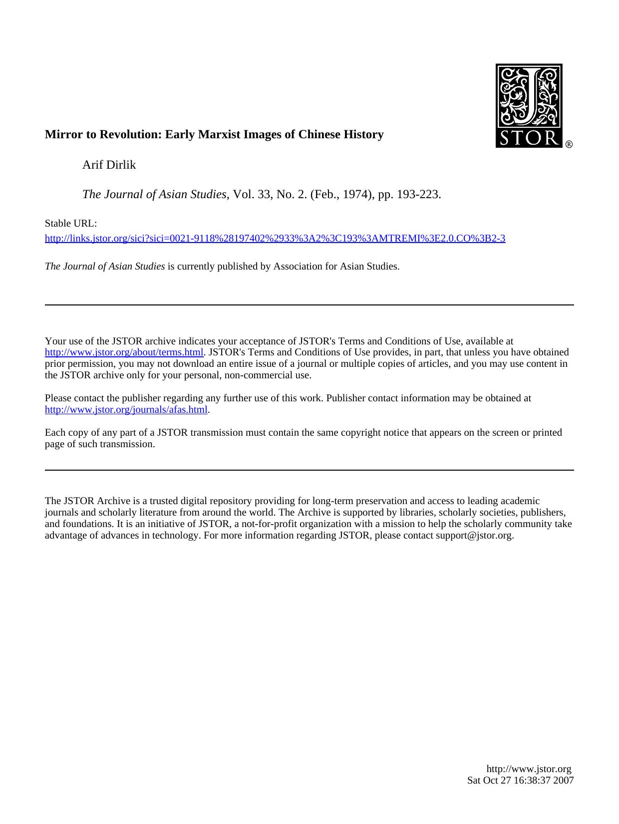 Dirlik - Mirror to Revolution by Early Marxist Images of Chinese History