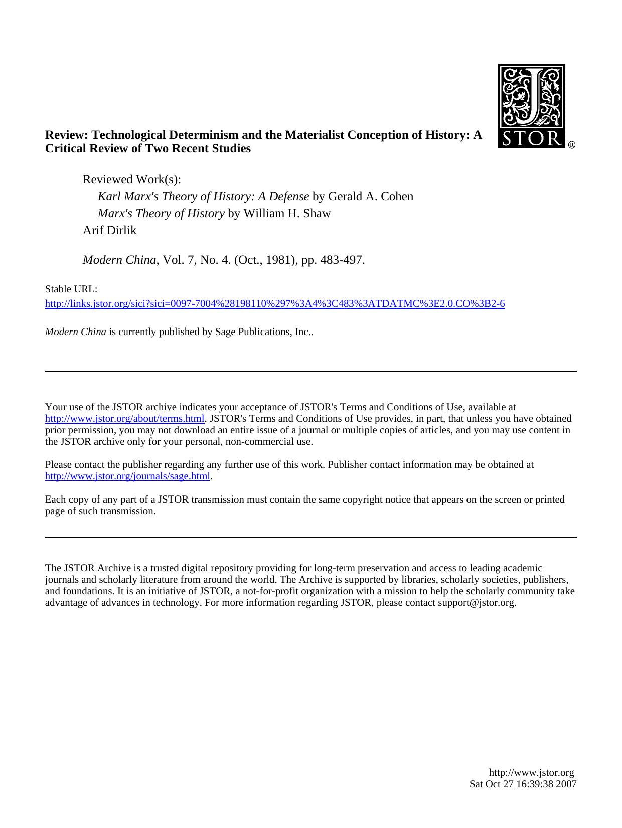 Dirlik - Reveiw - Technological Determinism and the Materialist Conception of History by A Critical R